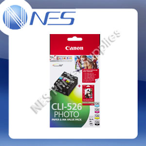 CANON Genuine CLI526VP Photo Value Pack (CLI-526C/M/Y/K) /w 50x Sheets 4"x6" Photo Paper PP-201 for PIXMA IP4850/IP4950/MG5150/MG5250/MG5350/MX885/MG6150/MG6250/MG8150/MG8250 [CLI-526VP]